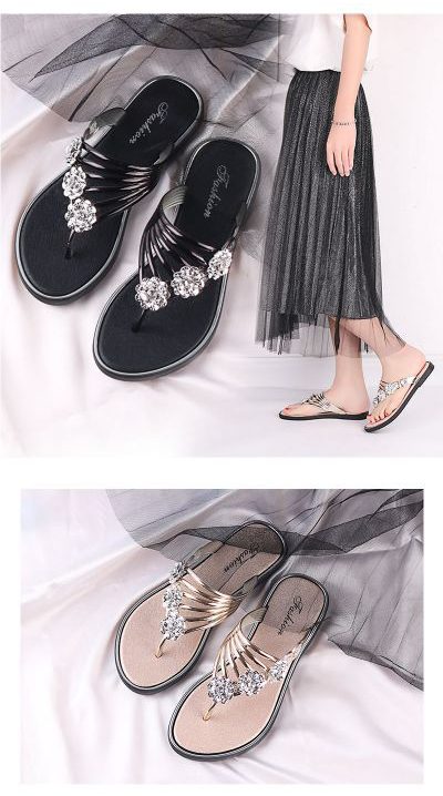 Summer flip-flops with diamond-encrusted herringbone for women