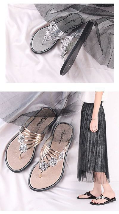 Summer flip-flops with diamond-encrusted herringbone for women