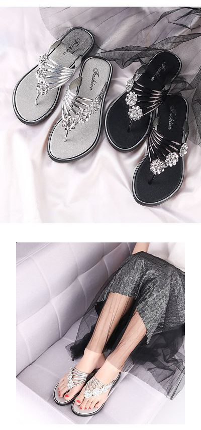 Summer flip-flops with diamond-encrusted herringbone for women