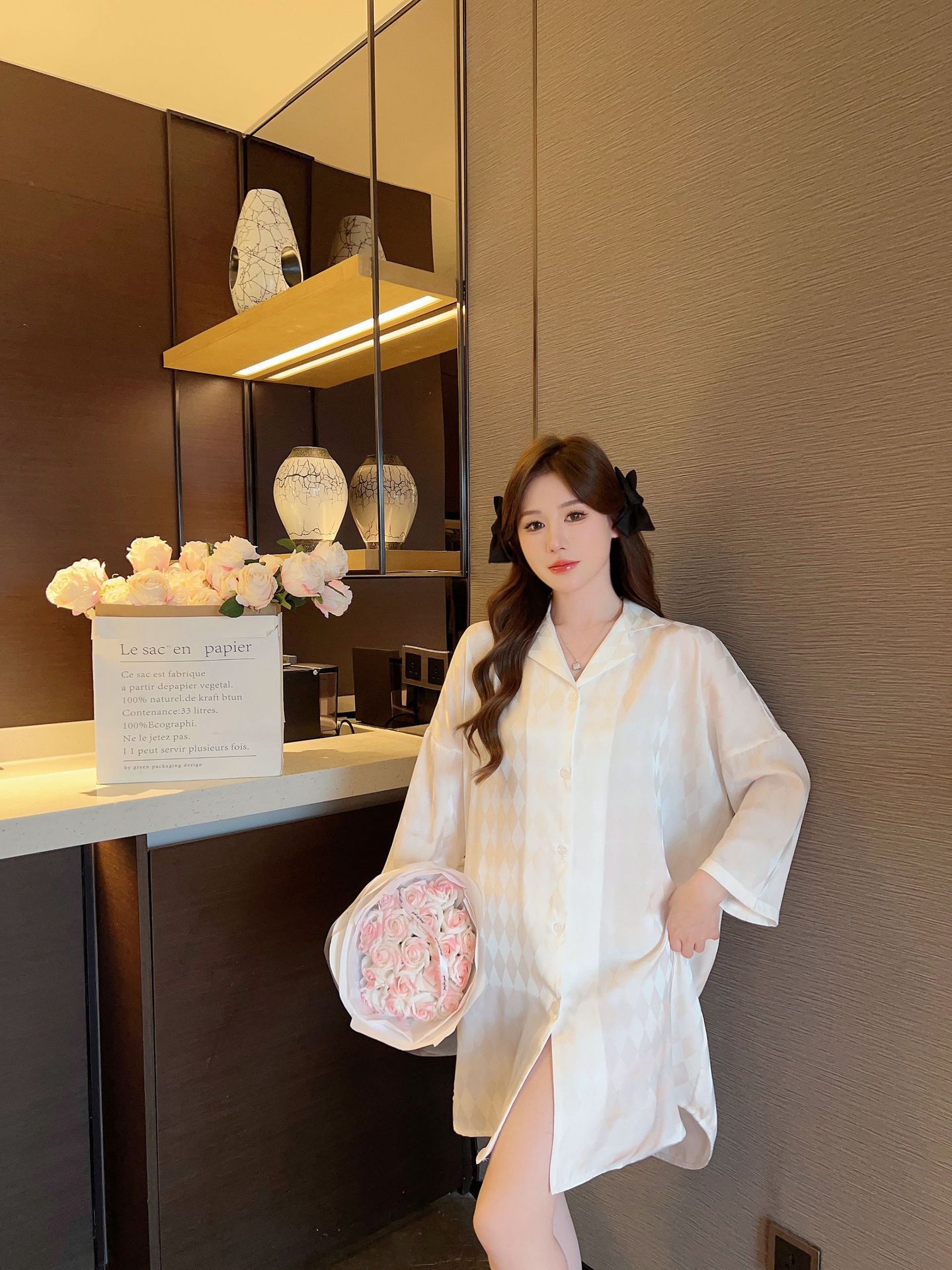 Summer plaid simple ice silk nightdress lapel cardigan pajamas