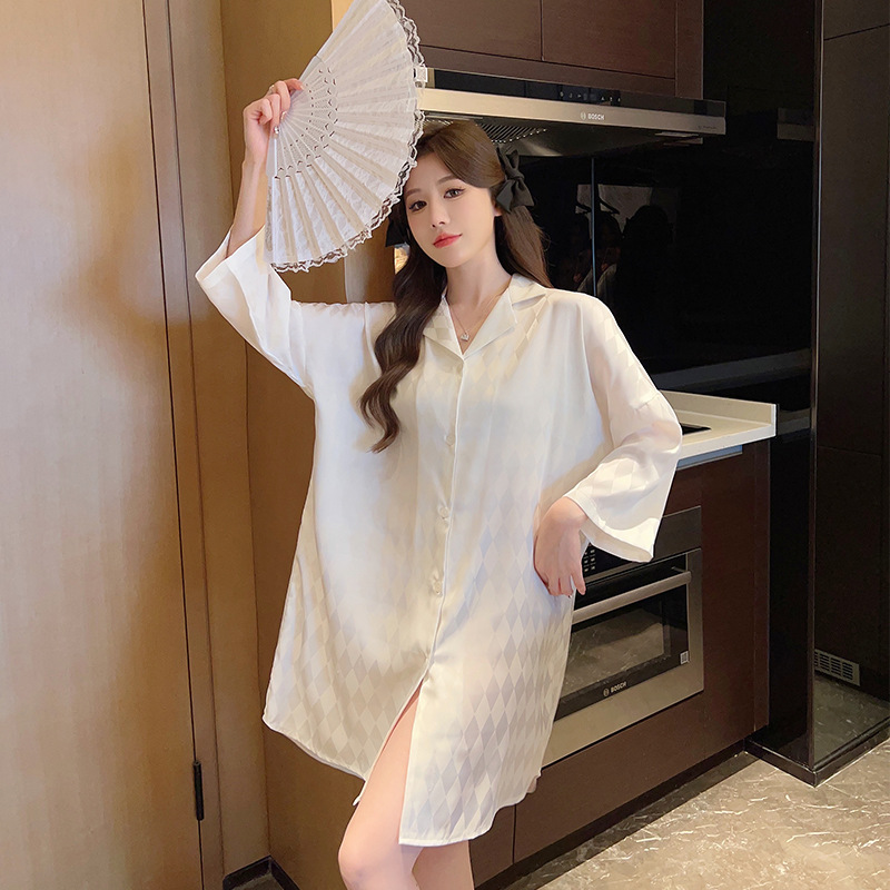 Summer plaid simple ice silk nightdress lapel cardigan pajamas