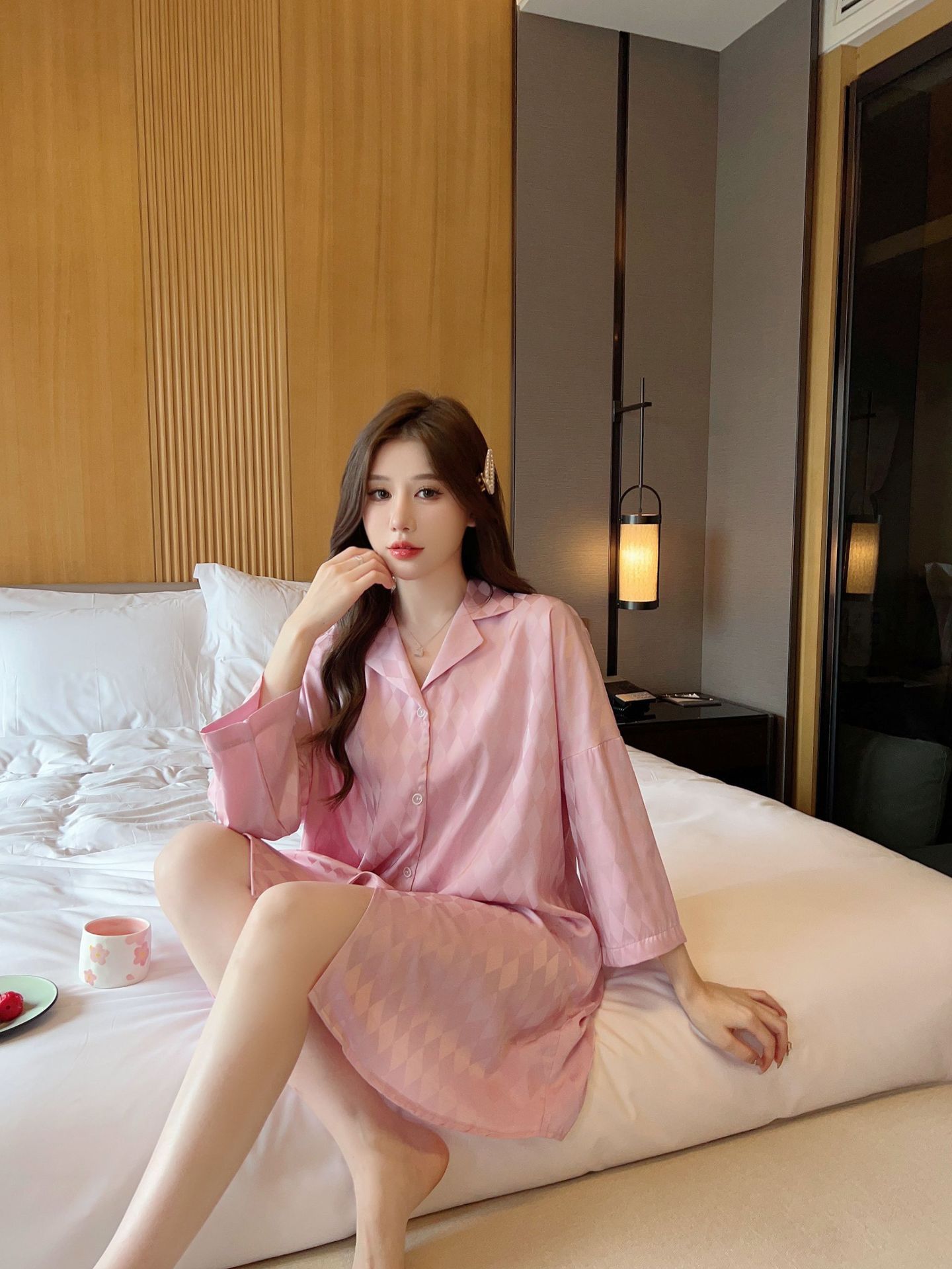 Summer plaid simple ice silk nightdress lapel cardigan pajamas