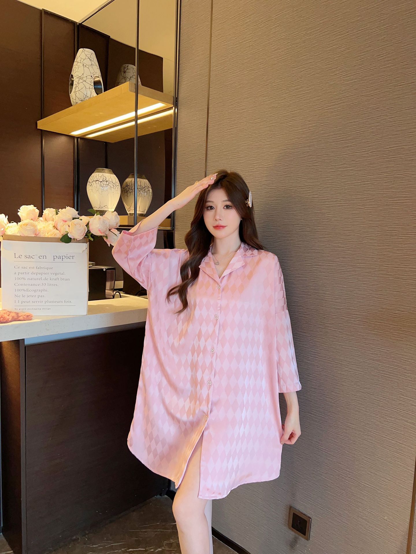 Summer plaid simple ice silk nightdress lapel cardigan pajamas