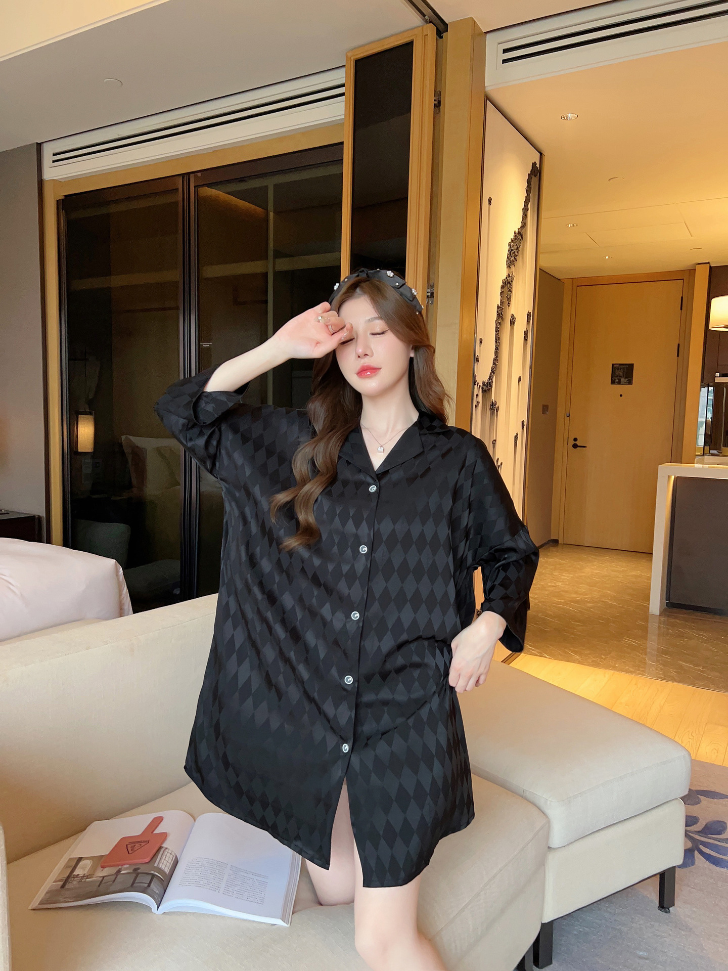 Summer plaid simple ice silk nightdress lapel cardigan pajamas