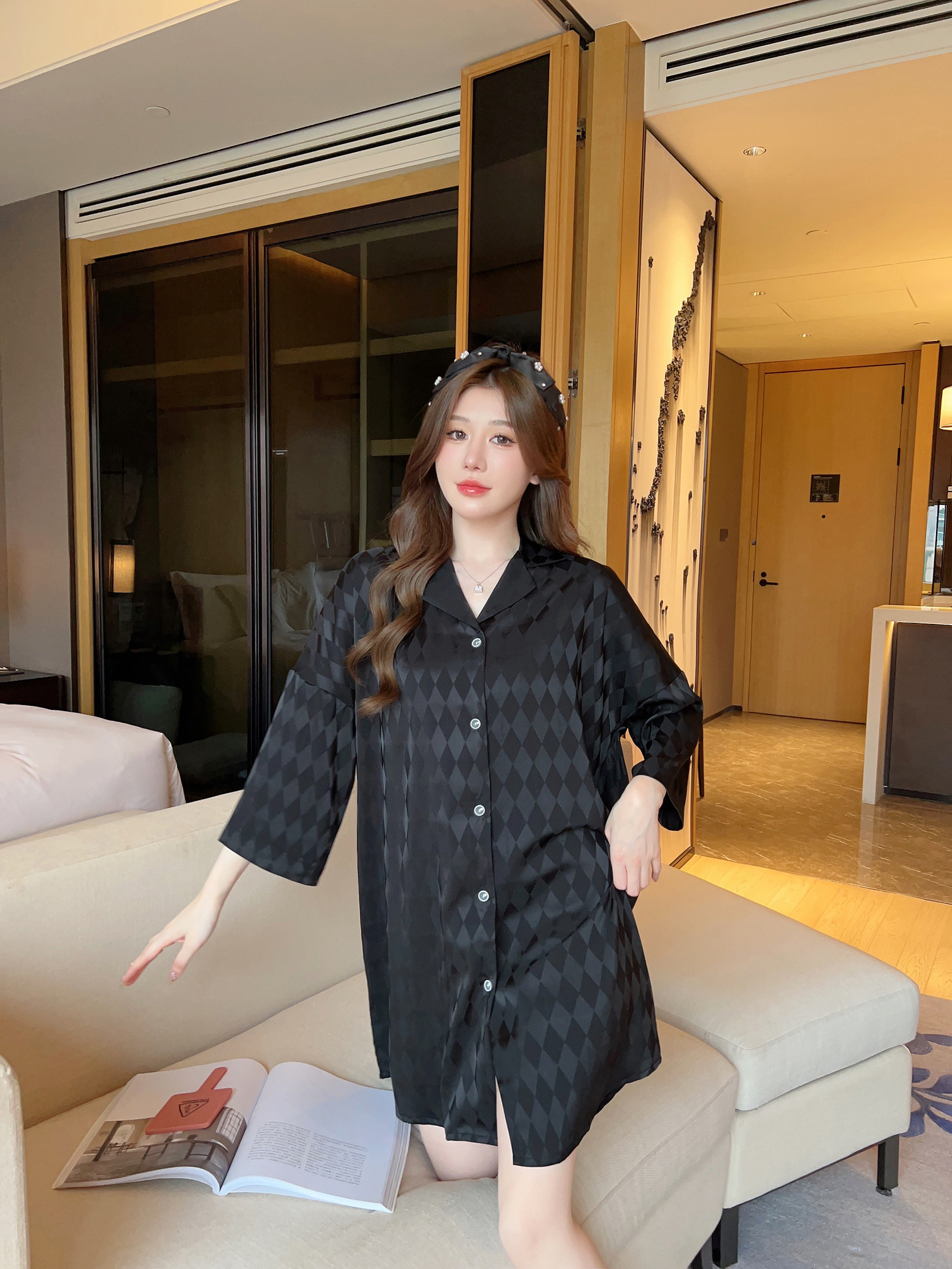 Summer plaid simple ice silk nightdress lapel cardigan pajamas