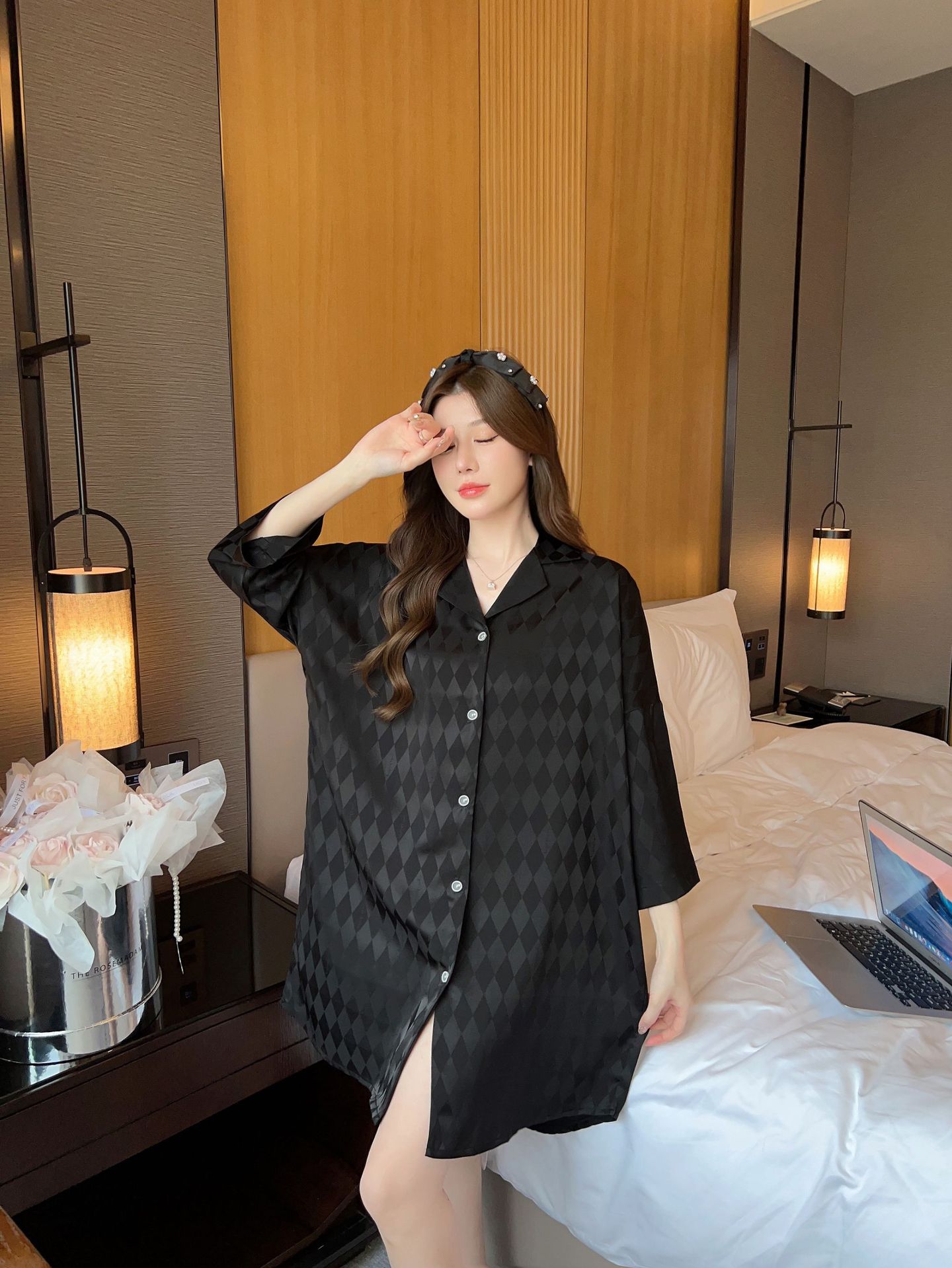 Summer plaid simple ice silk nightdress lapel cardigan pajamas