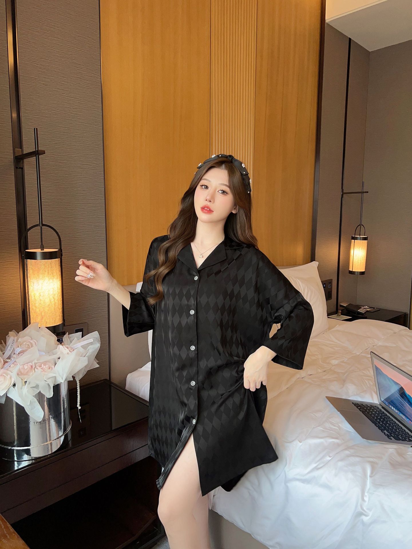 Summer plaid simple ice silk nightdress lapel cardigan pajamas