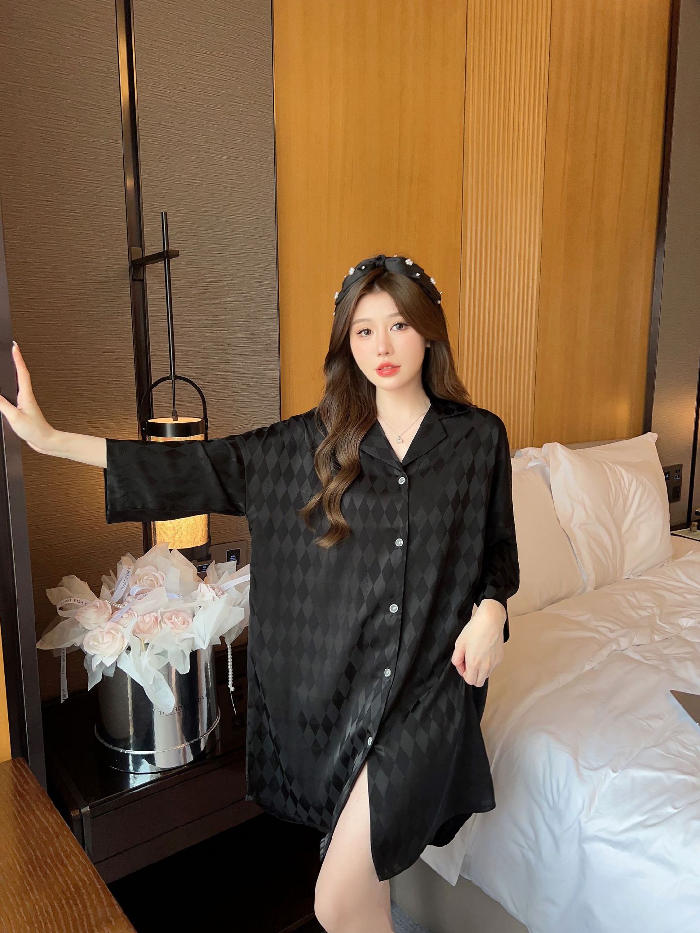 Summer plaid simple ice silk nightdress lapel cardigan pajamas