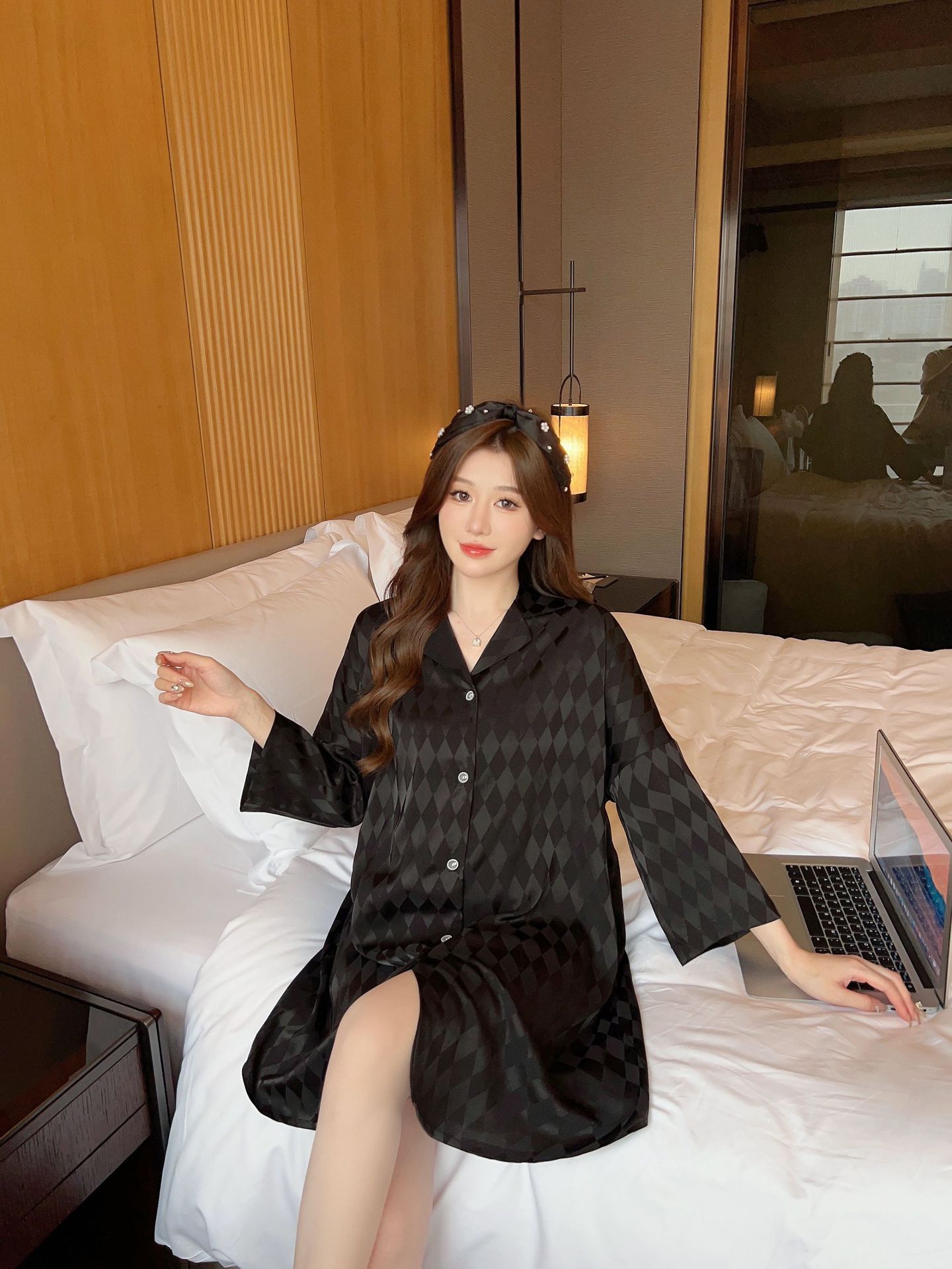 Summer plaid simple ice silk nightdress lapel cardigan pajamas