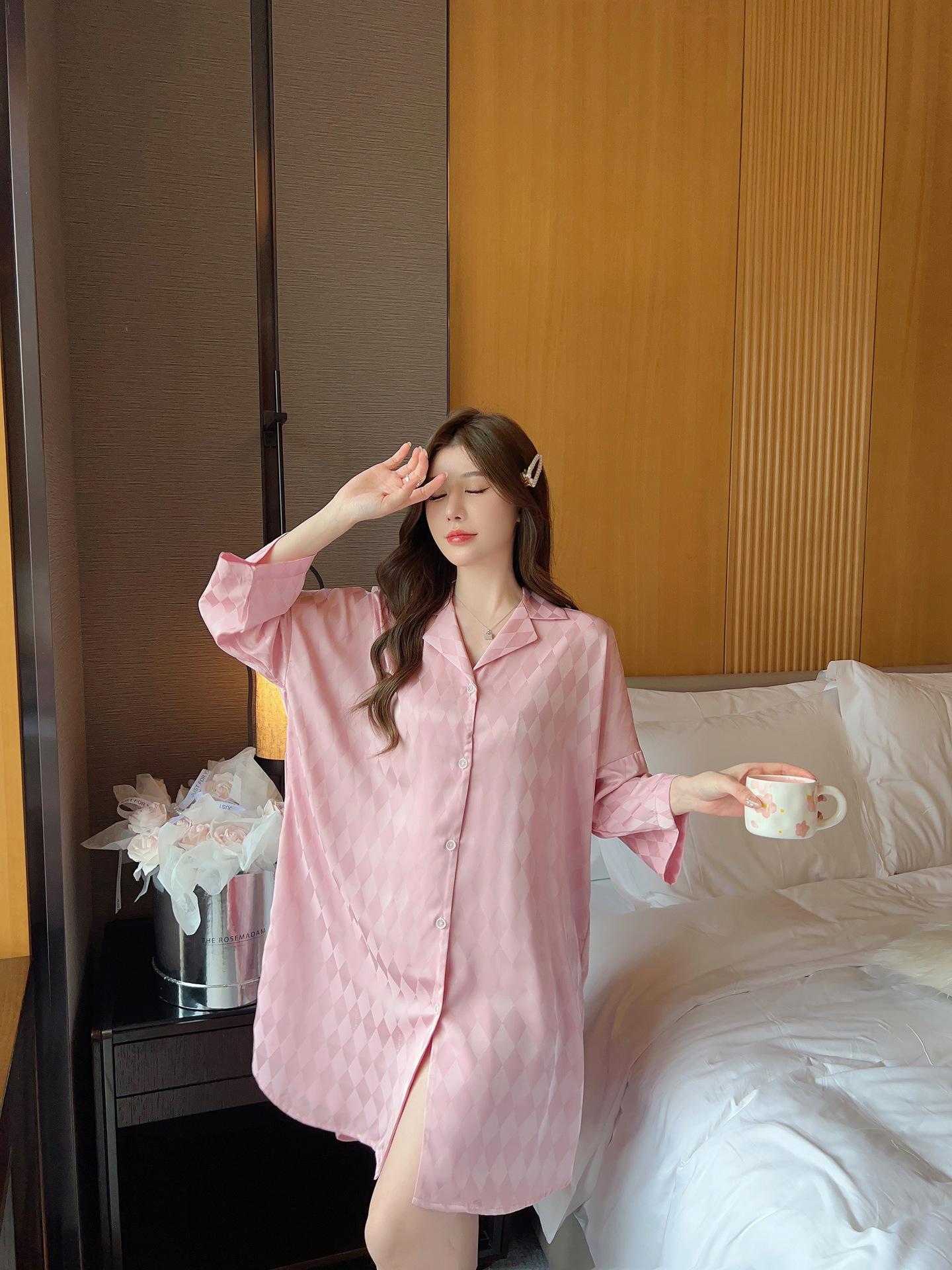 Summer plaid simple ice silk nightdress lapel cardigan pajamas