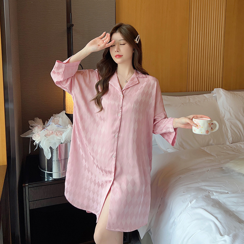 Summer plaid simple ice silk nightdress lapel cardigan pajamas