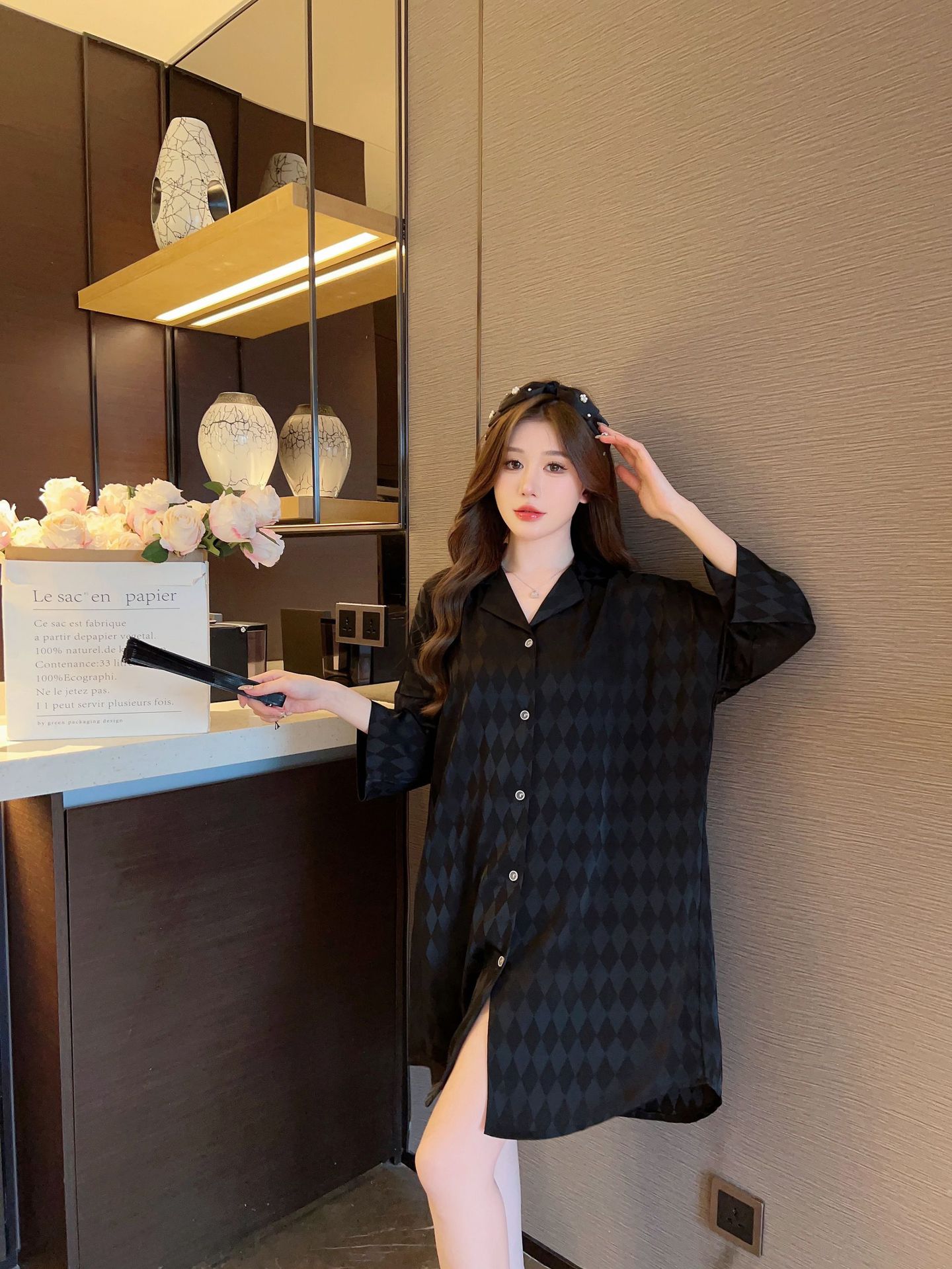 Summer plaid simple ice silk nightdress lapel cardigan pajamas