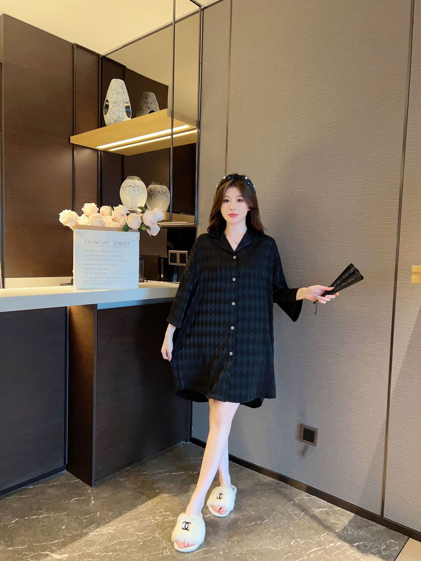 Summer plaid simple ice silk nightdress lapel cardigan pajamas