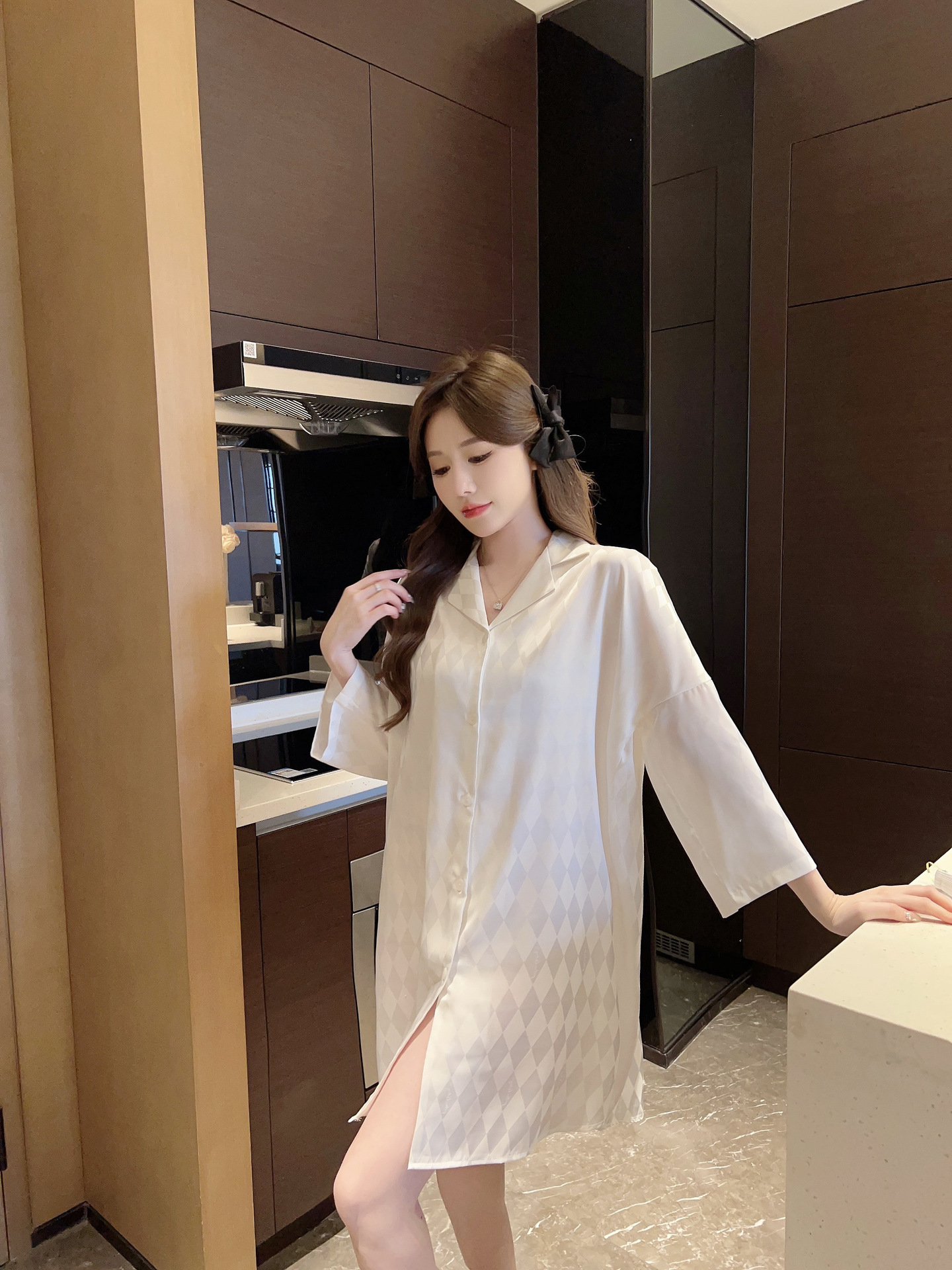 Summer plaid simple ice silk nightdress lapel cardigan pajamas