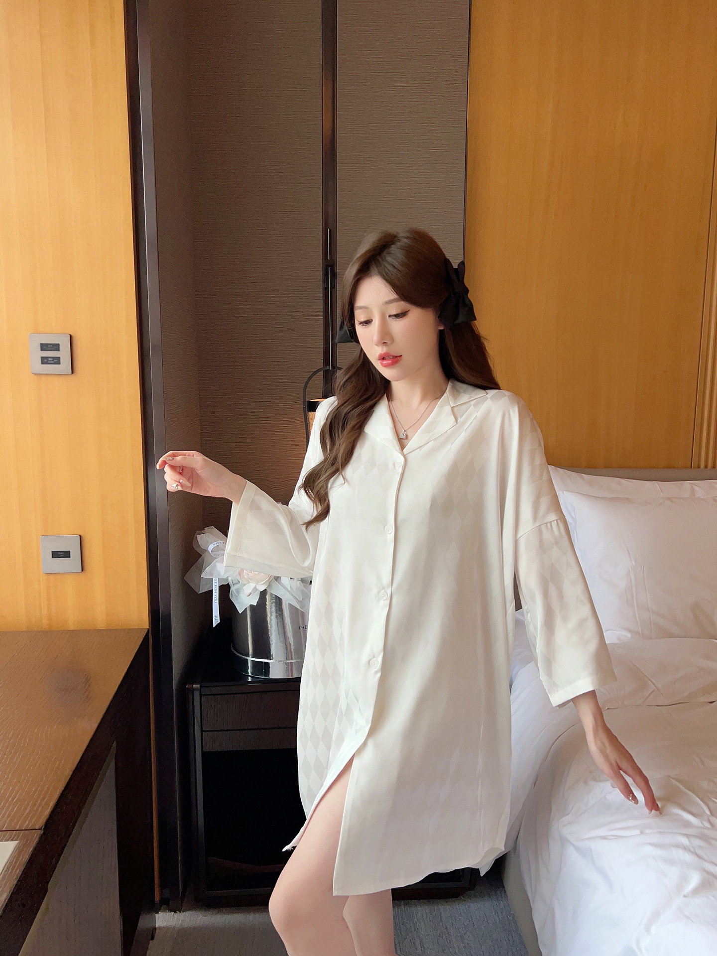 Summer plaid simple ice silk nightdress lapel cardigan pajamas