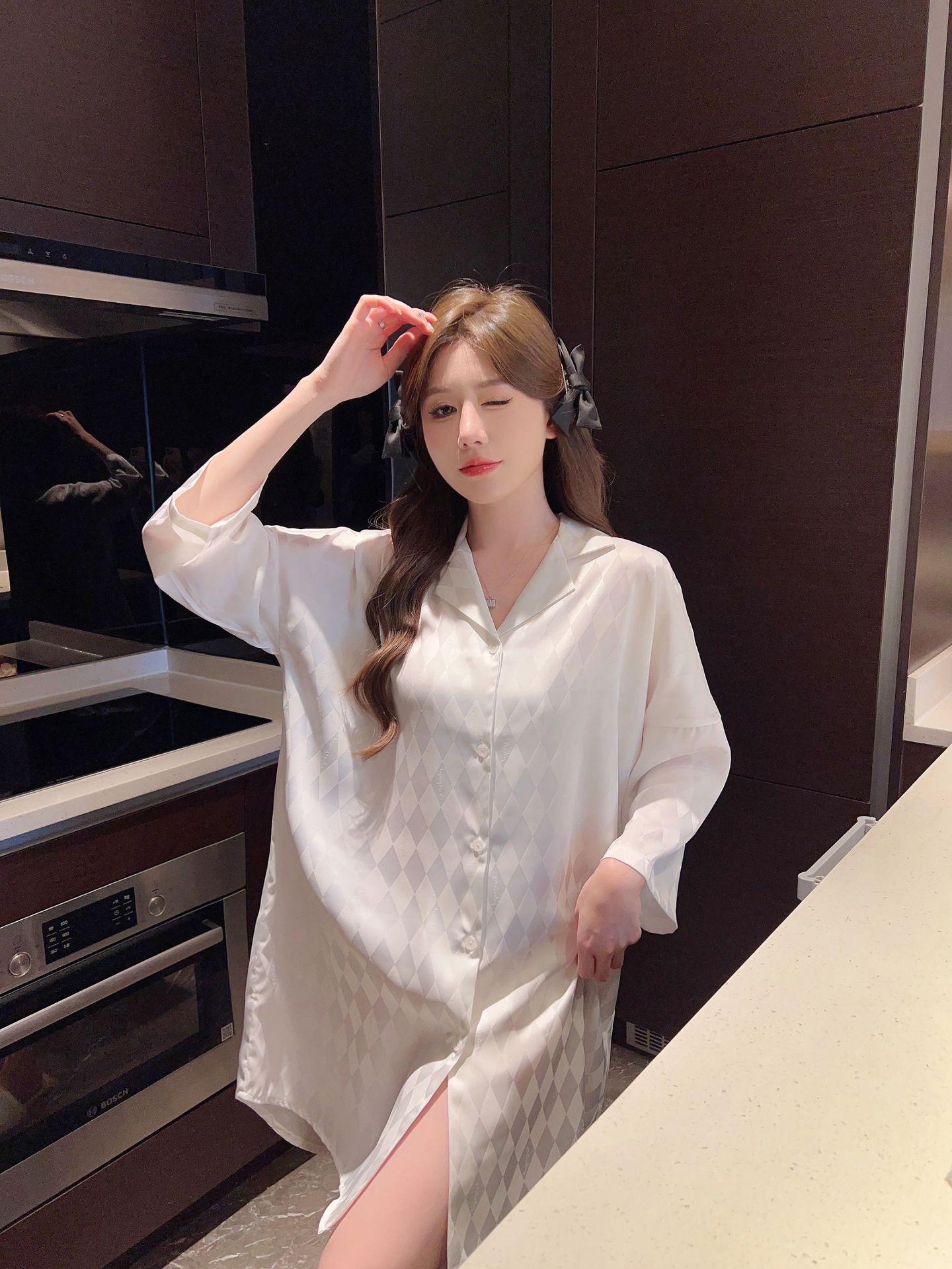 Summer plaid simple ice silk nightdress lapel cardigan pajamas