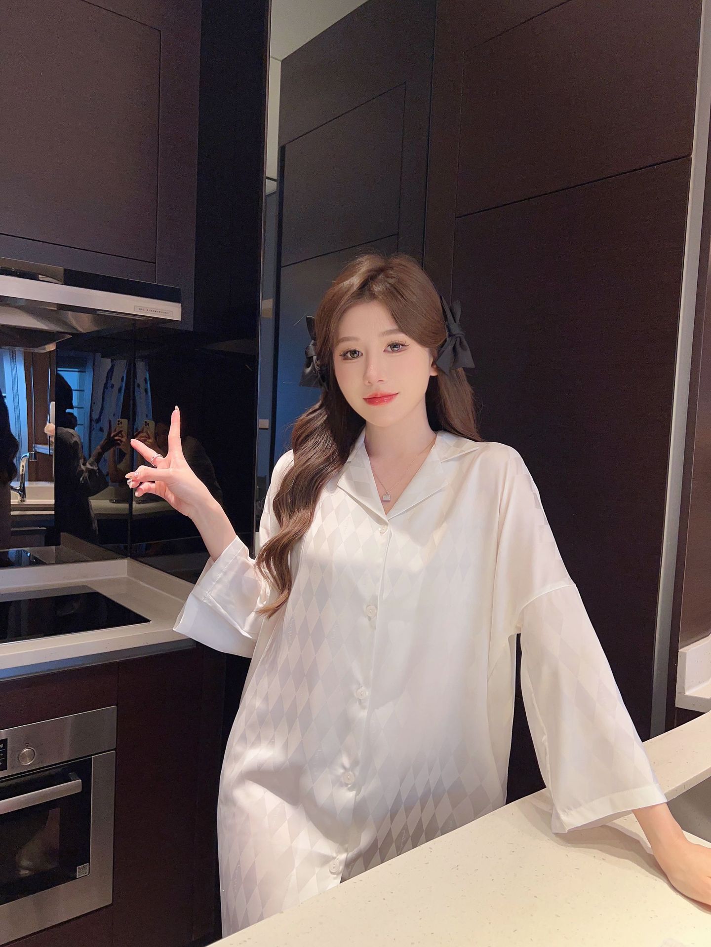 Summer plaid simple ice silk nightdress lapel cardigan pajamas