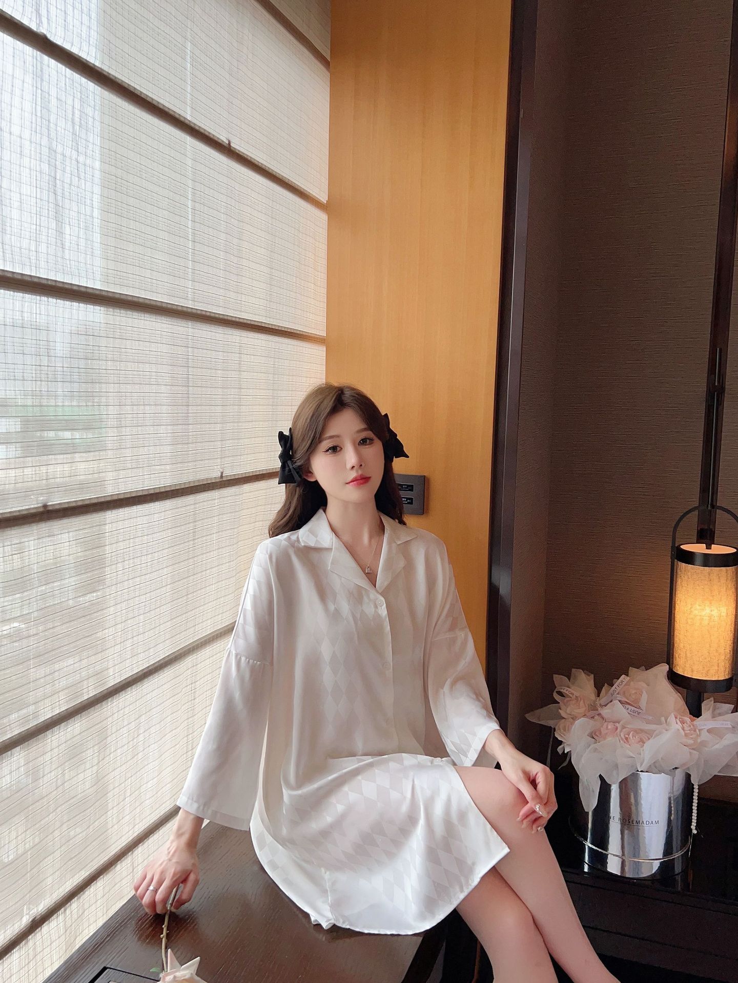 Summer plaid simple ice silk nightdress lapel cardigan pajamas