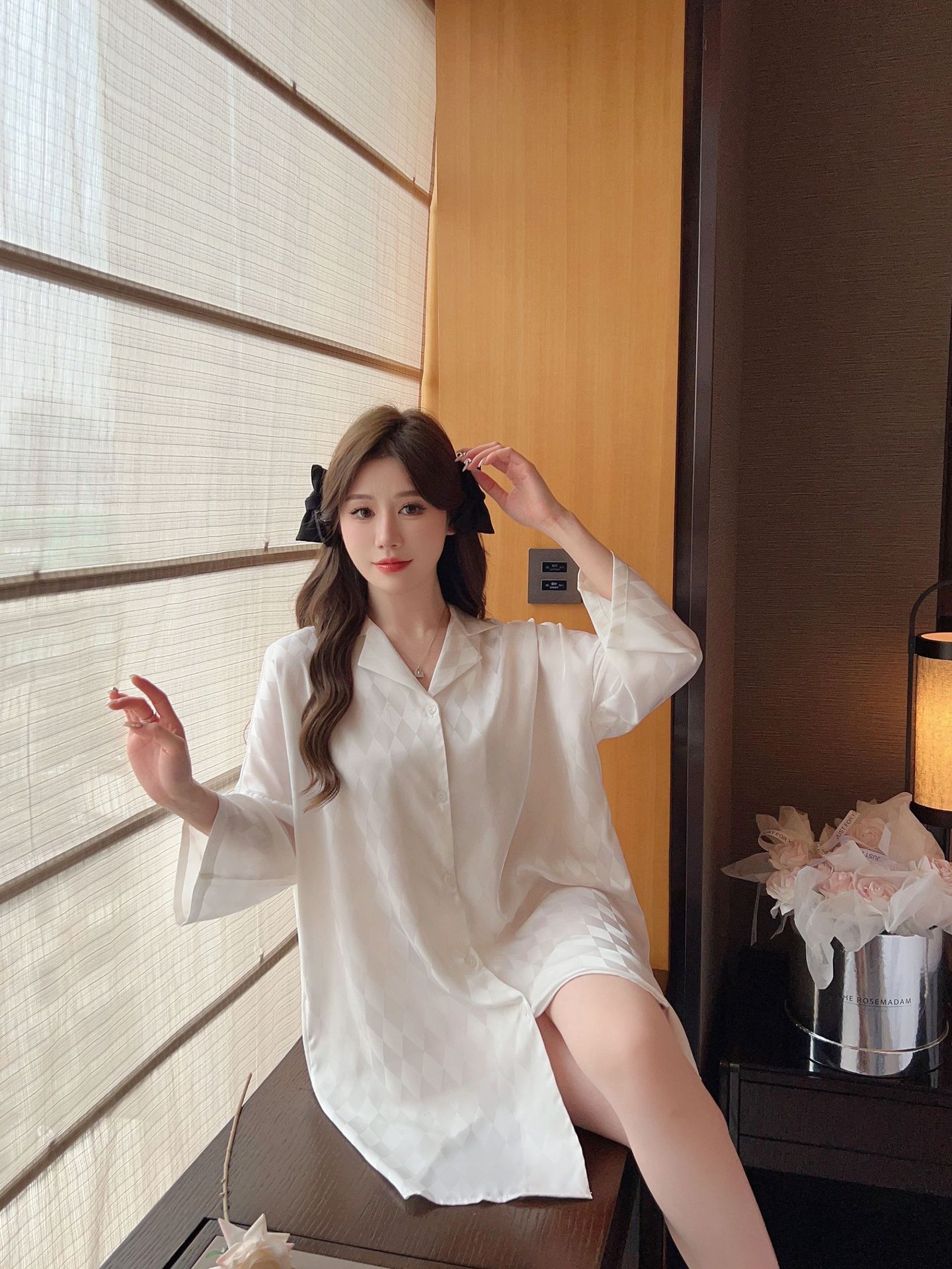 Summer plaid simple ice silk nightdress lapel cardigan pajamas