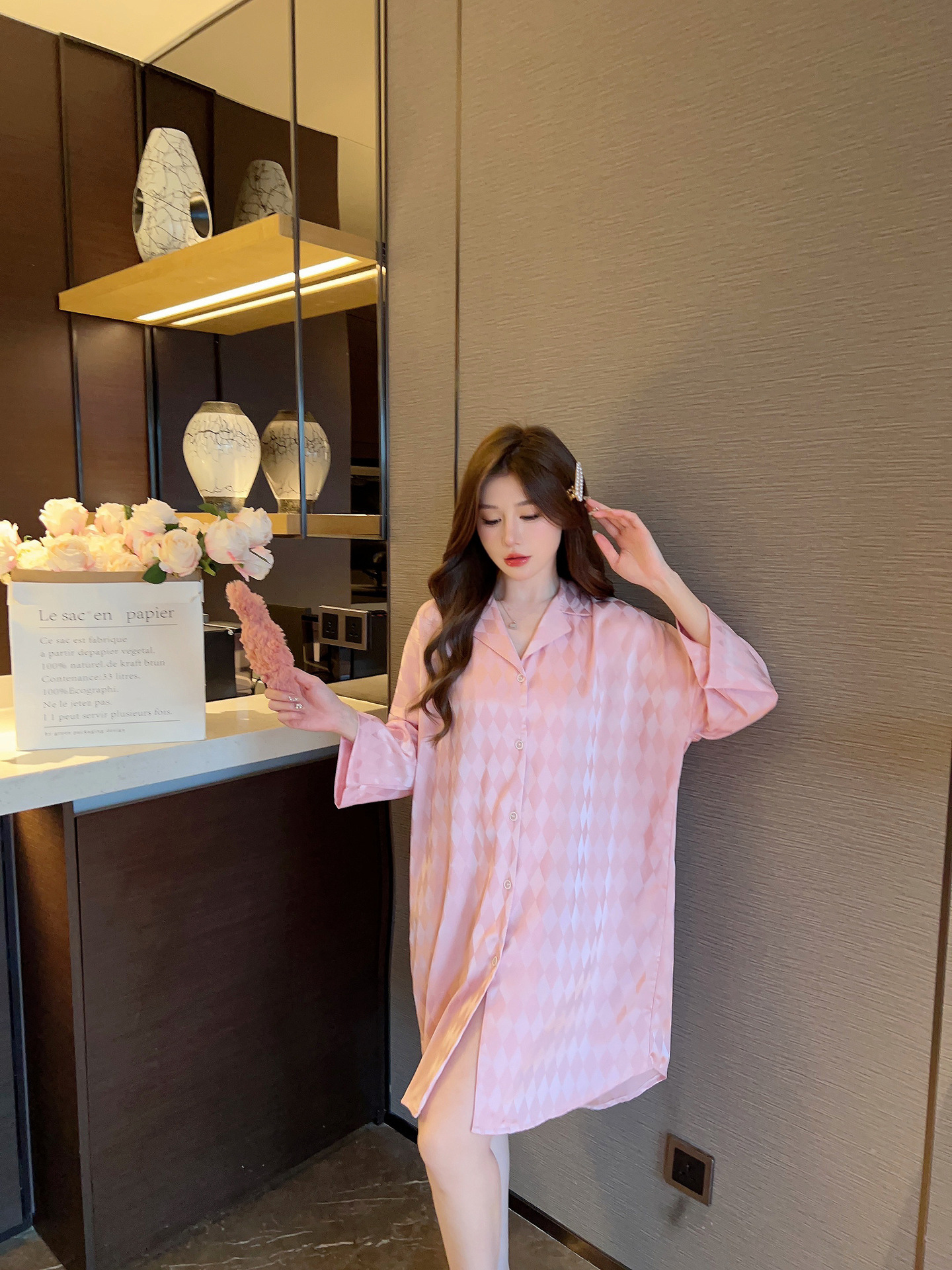 Summer plaid simple ice silk nightdress lapel cardigan pajamas