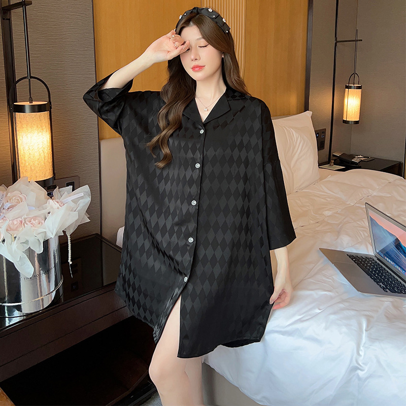 Summer plaid simple ice silk nightdress lapel cardigan pajamas