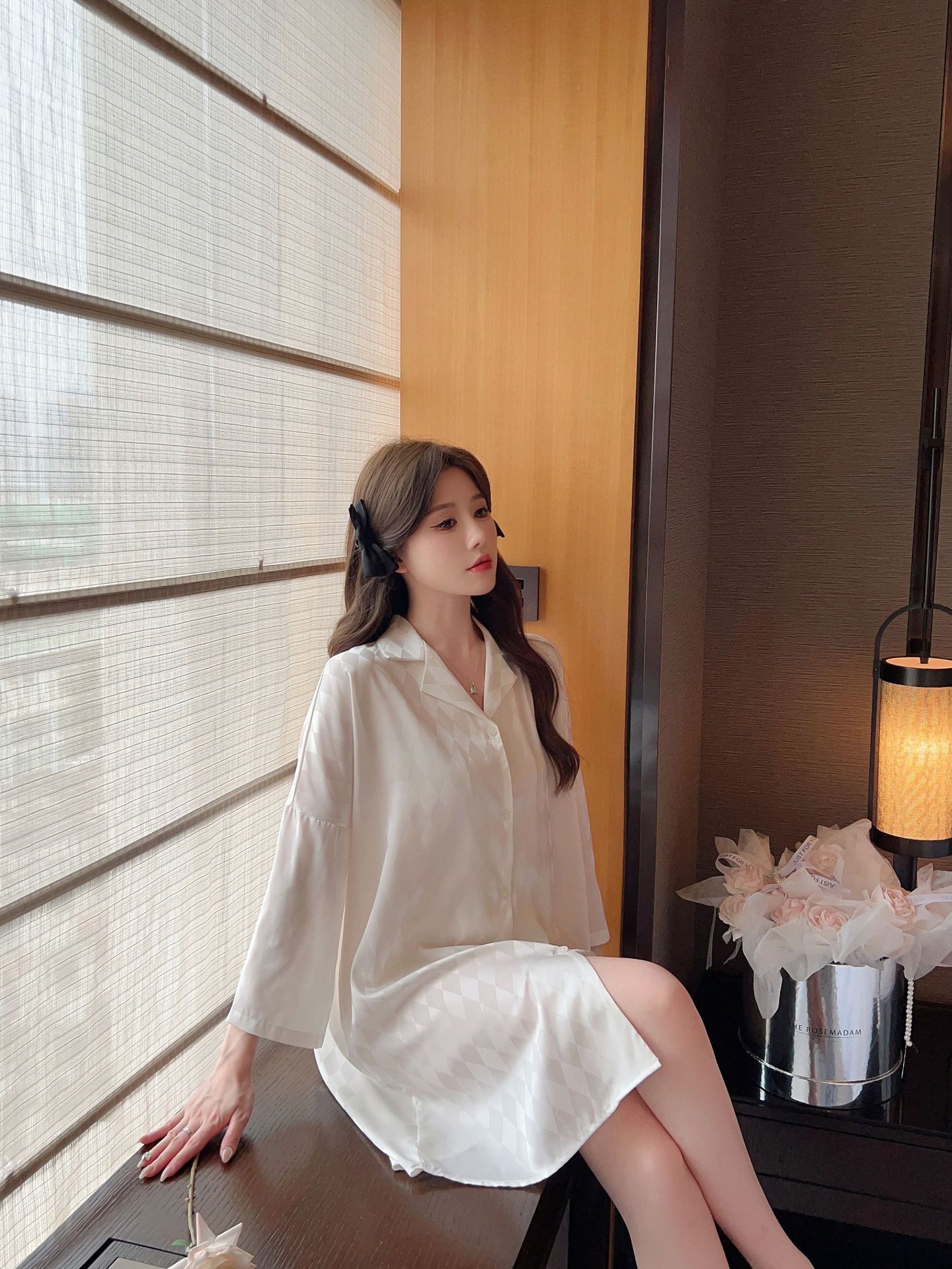 Summer plaid simple ice silk nightdress lapel cardigan pajamas