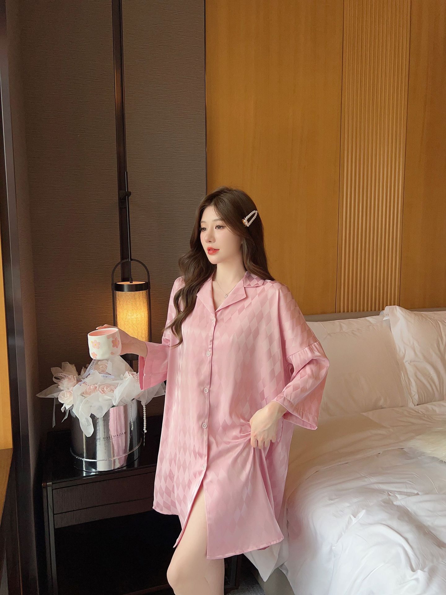 Summer plaid simple ice silk nightdress lapel cardigan pajamas