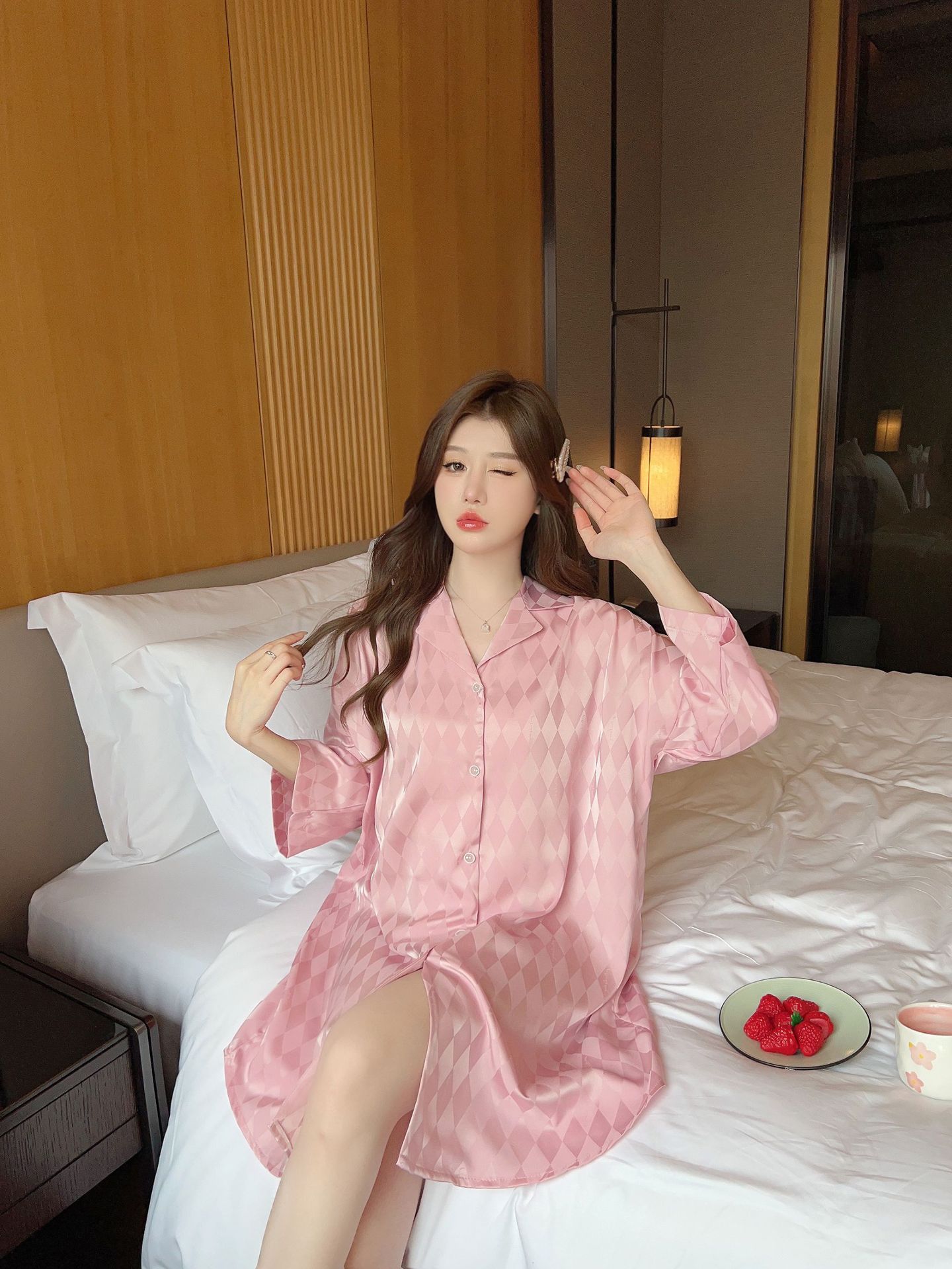 Summer plaid simple ice silk nightdress lapel cardigan pajamas