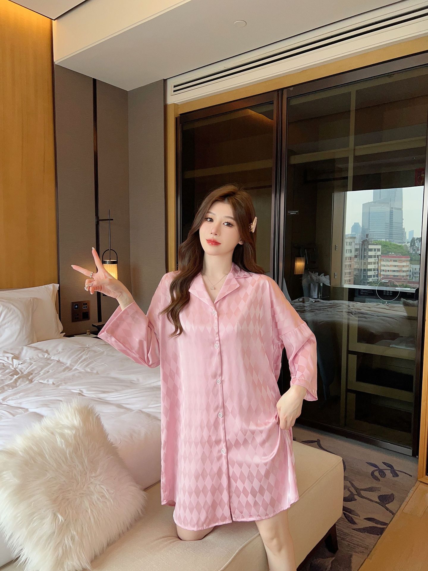 Summer plaid simple ice silk nightdress lapel cardigan pajamas