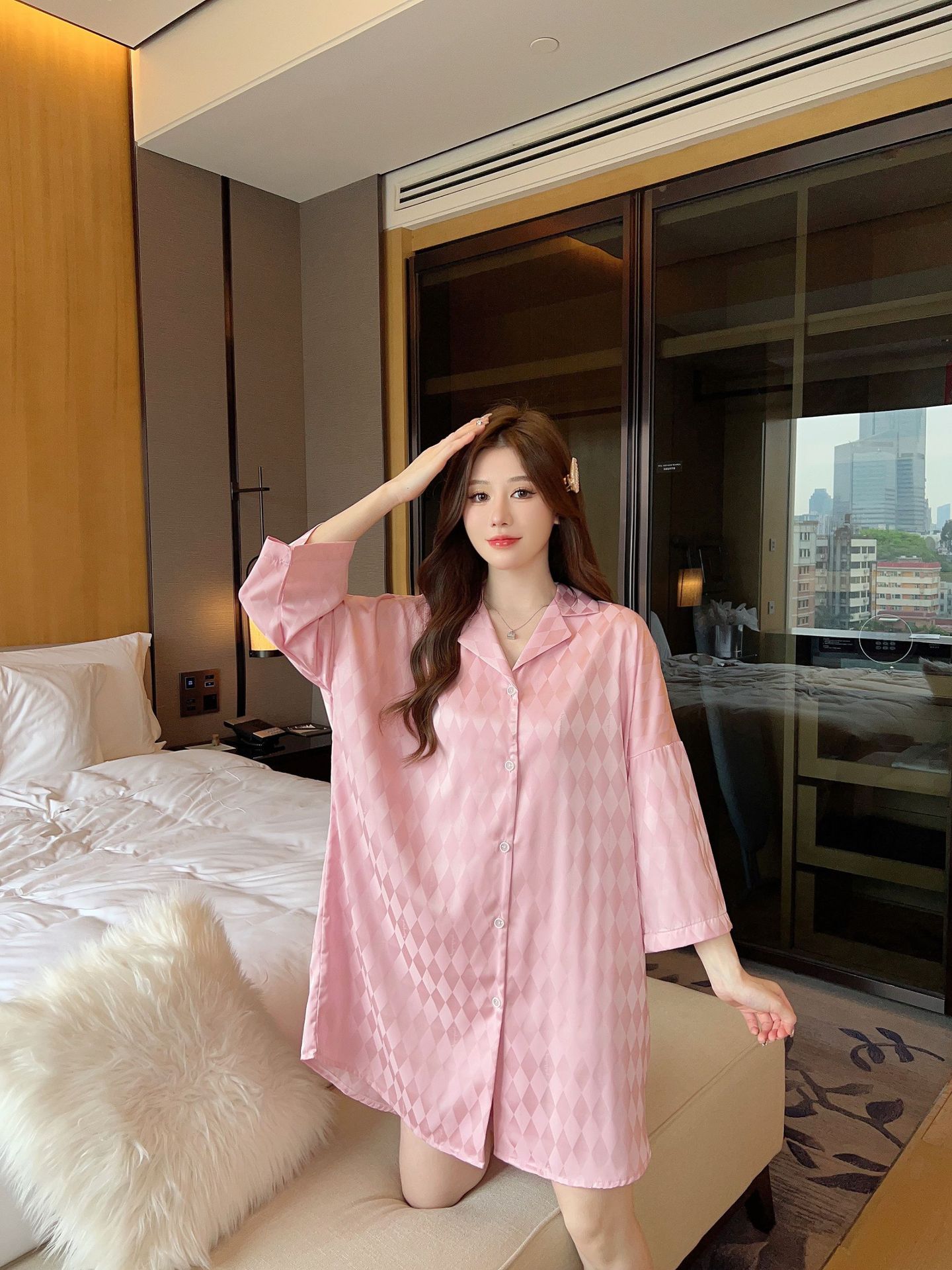 Summer plaid simple ice silk nightdress lapel cardigan pajamas