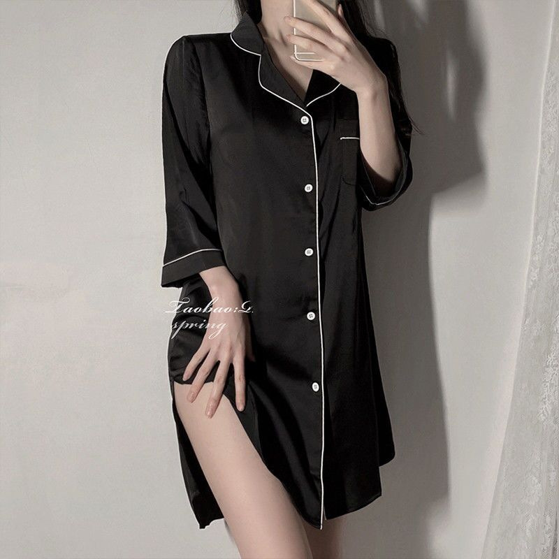 Summer silk-like black shirt dress