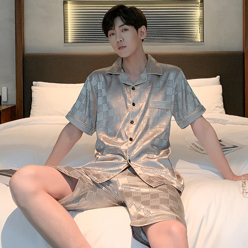 Summer thin ice silk high-class men’s short sleeve imitation silk home wear