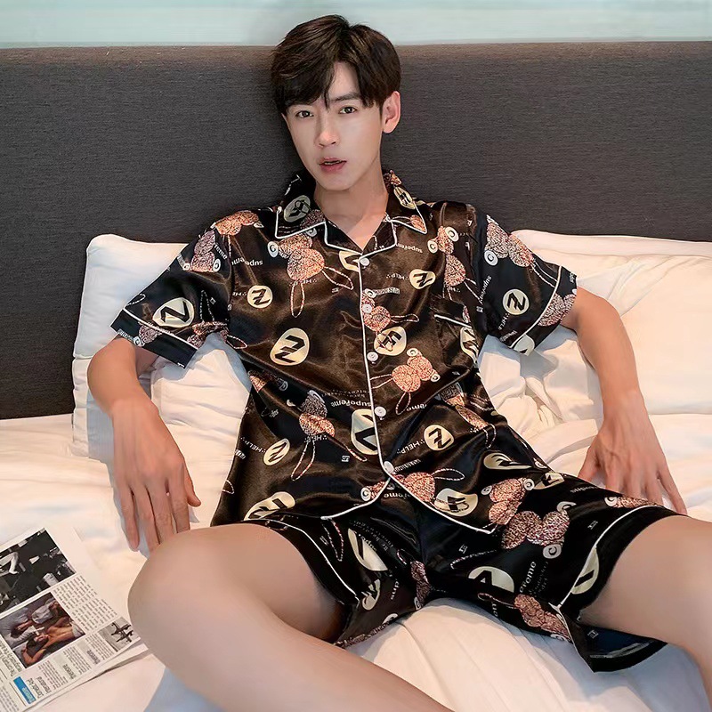 Summer thin ice silk high-class men’s short sleeve imitation silk home wear