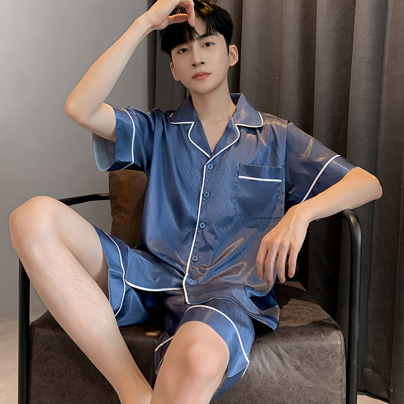 Summer thin ice silk high-class men’s short sleeve imitation silk home wear