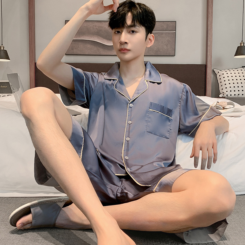 Summer thin ice silk high-class men’s short sleeve imitation silk home wear