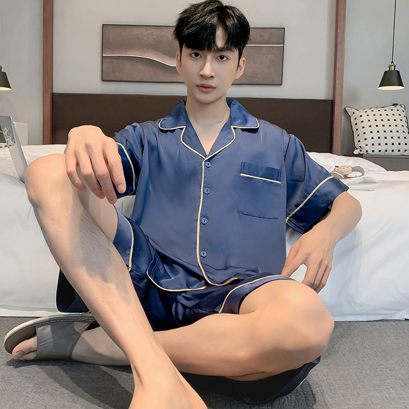 Summer thin ice silk high-class men’s short sleeve imitation silk home wear