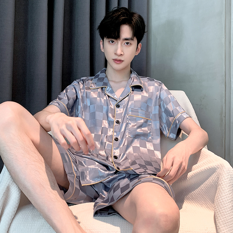 Summer thin ice silk high-class men’s short sleeve imitation silk home wear