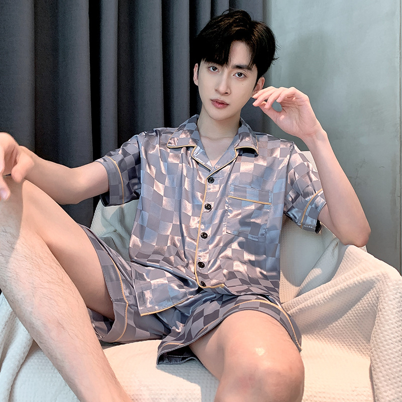 Summer thin ice silk high-class men’s short sleeve imitation silk home wear