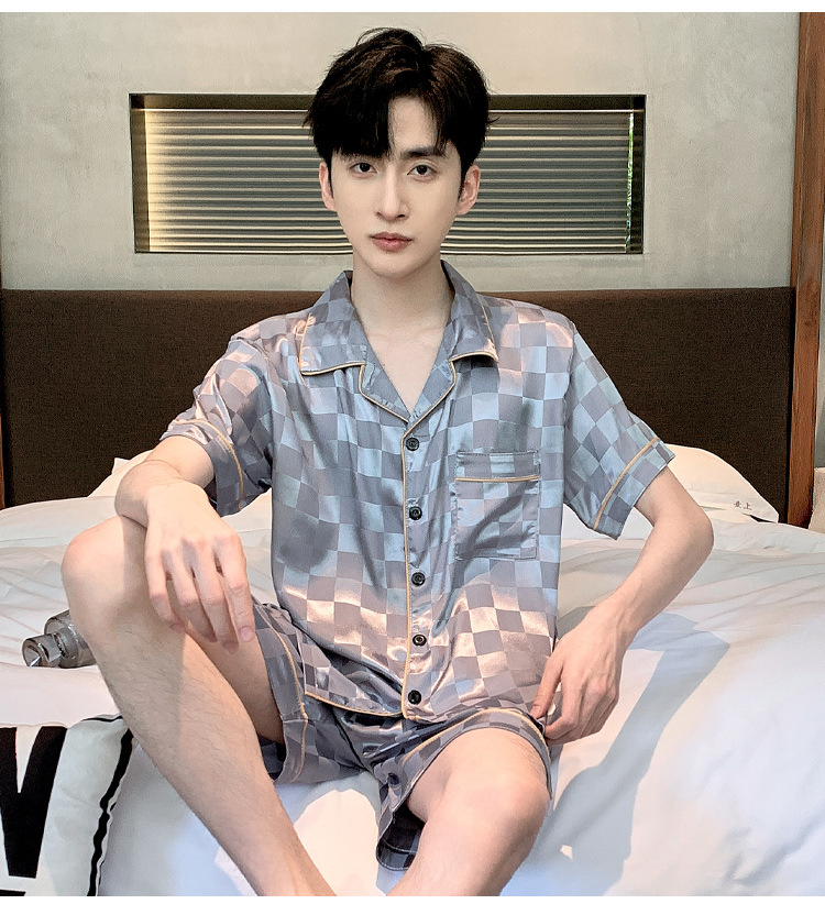 Summer thin ice silk high-class men’s short sleeve imitation silk home wear