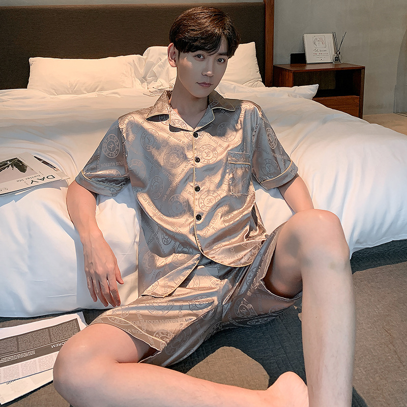 Summer thin ice silk high-class men’s short sleeve imitation silk home wear