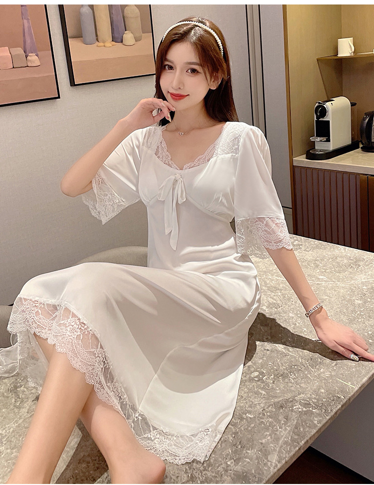 Sweet maiden lace hollow ice silk dress can be worn outside the home clothes
