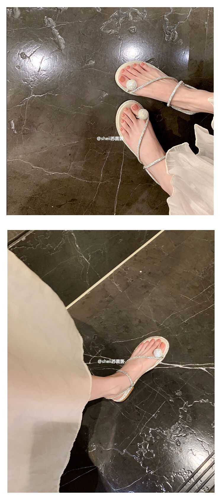 Two pairs of dove egg rhinestones flat toe sandals