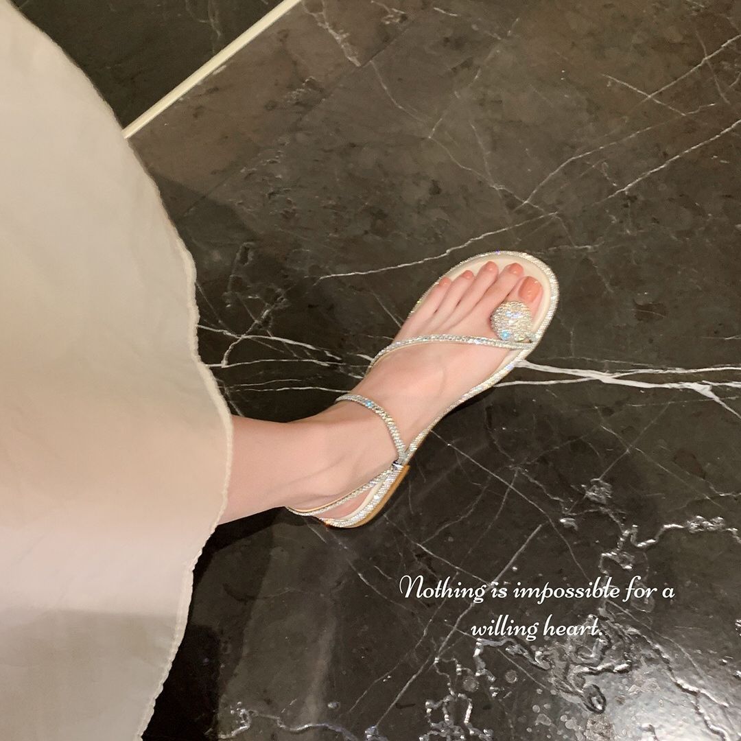 Two pairs of dove egg rhinestones flat toe sandals
