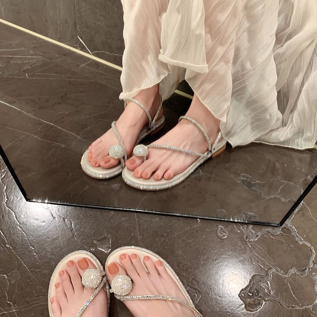 Two pairs of dove egg rhinestones flat toe sandals