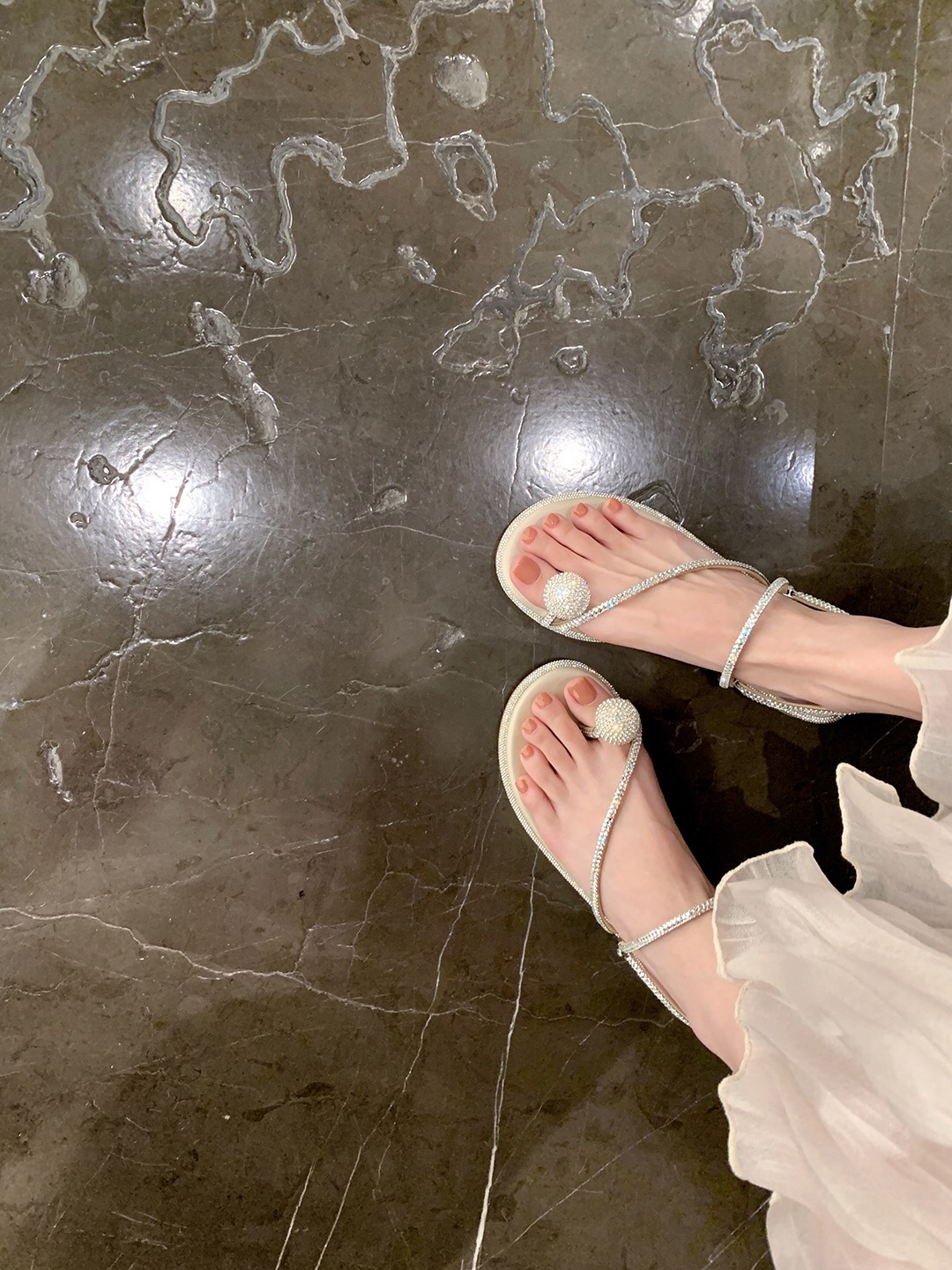 Two pairs of dove egg rhinestones flat toe sandals