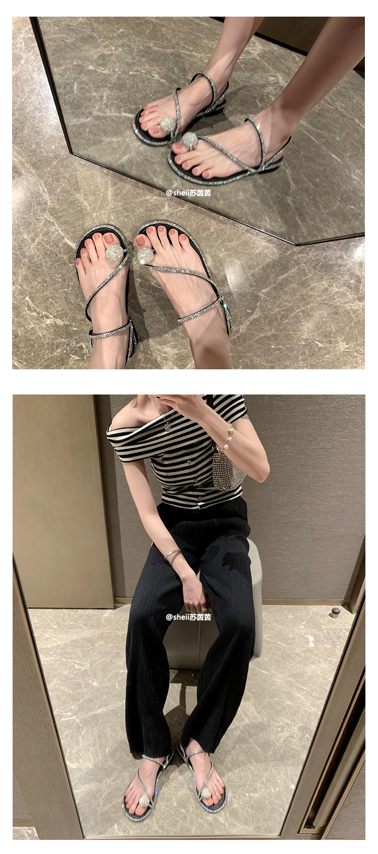 Two pairs of dove egg rhinestones flat toe sandals