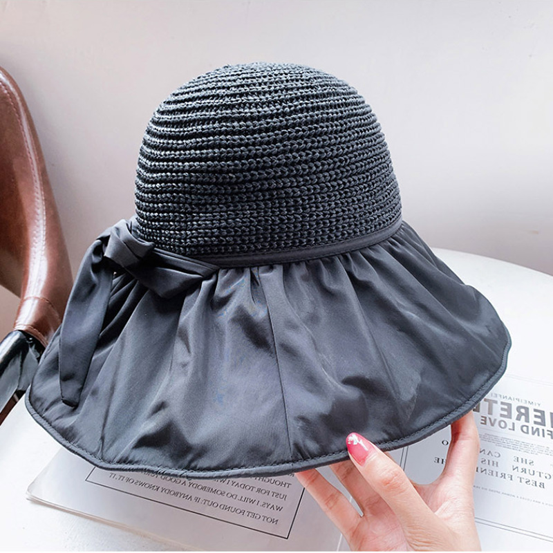 UPF50+ Large brim vinyl fisherman hat bow straw hat shade