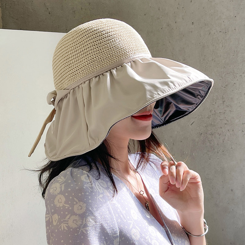 UPF50+ Large brim vinyl fisherman hat bow straw hat shade