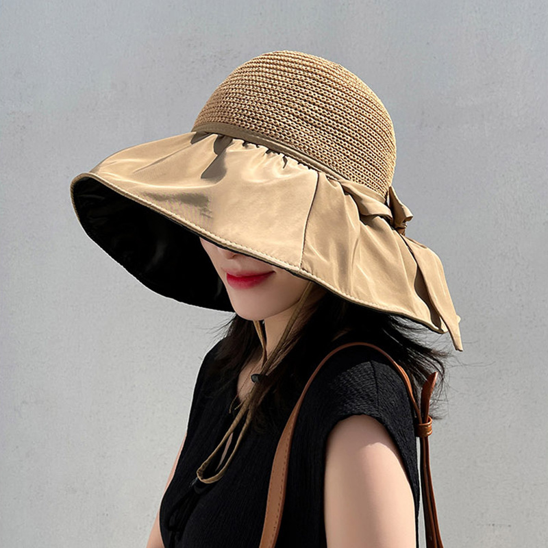 UPF50+ Large brim vinyl fisherman hat bow straw hat shade