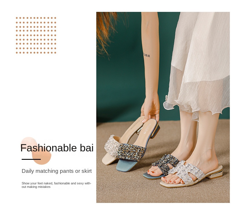 Women’s slippers with thick heels and diamonds
